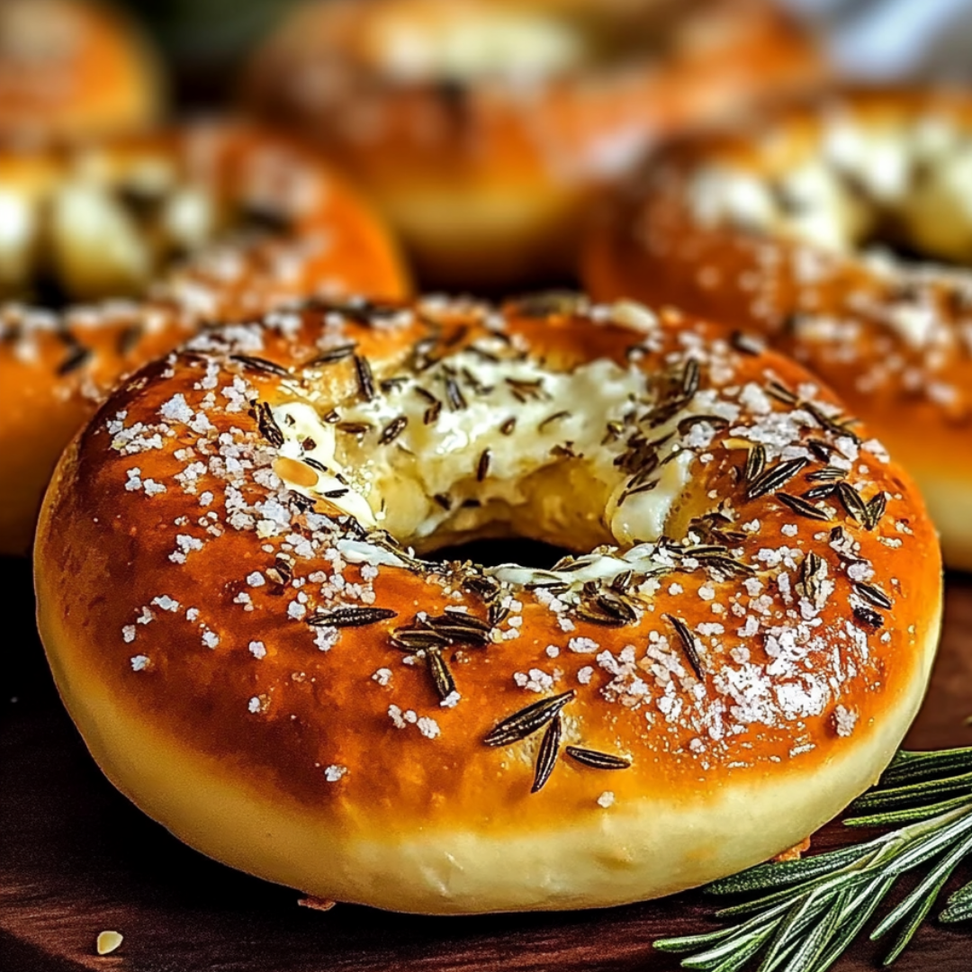A bagel with sesame seeds on top.