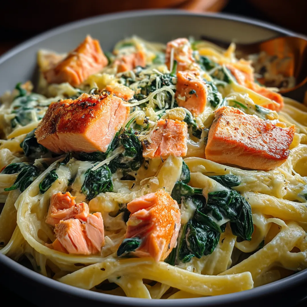 A bowl of pasta with salmon and spinach.