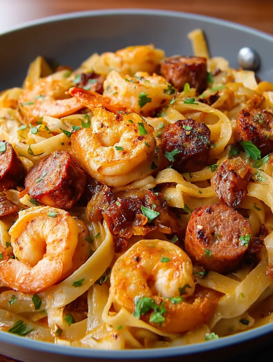 A plate of food with shrimp, sausage, and noodles.