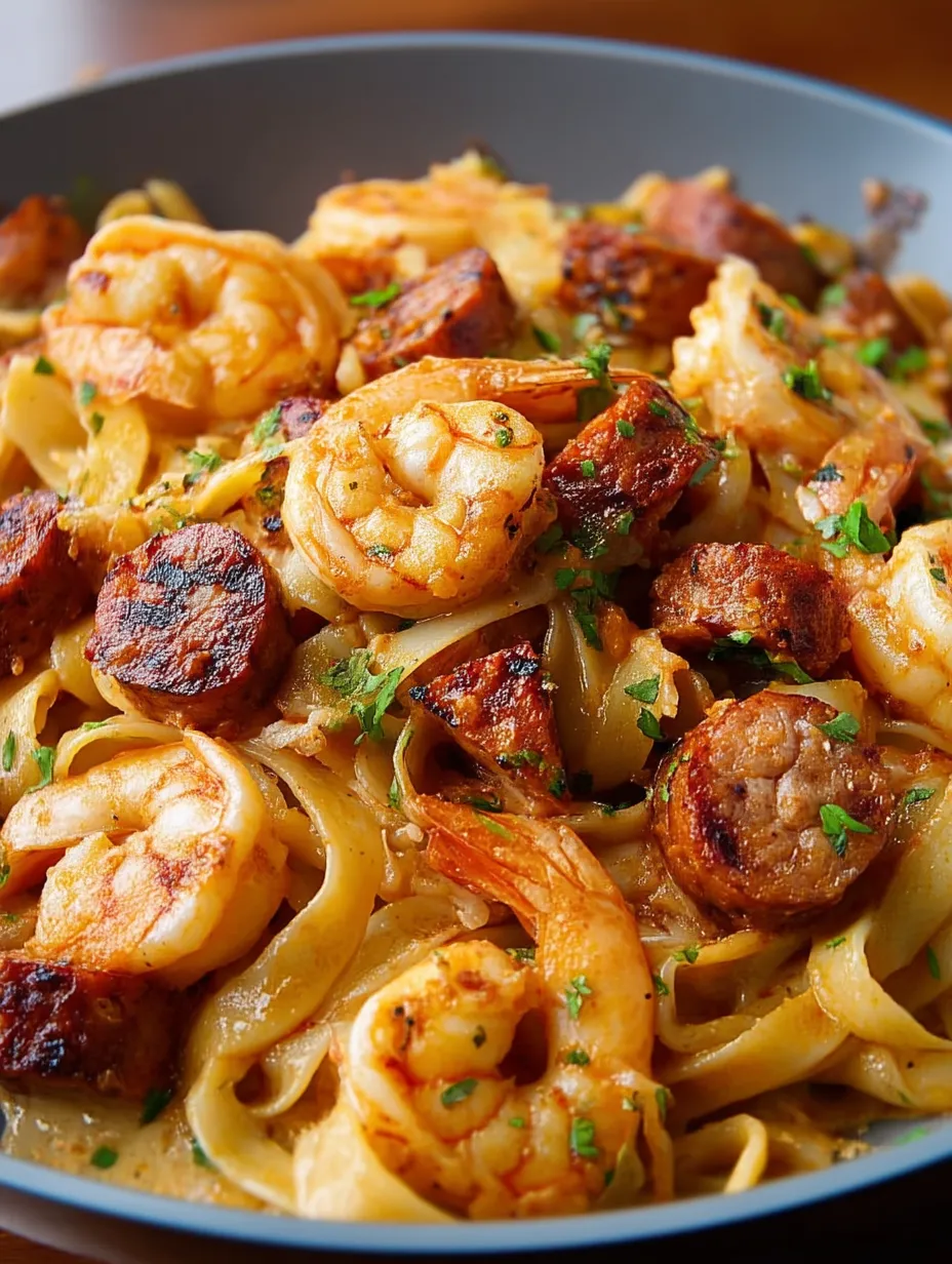 A plate of pasta with shrimp and sausage.
