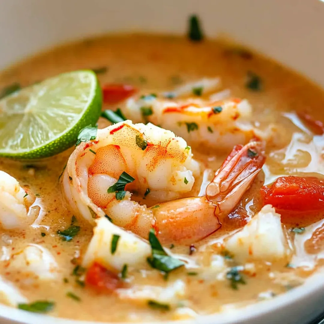 A bowl of soup with shrimp and lime.