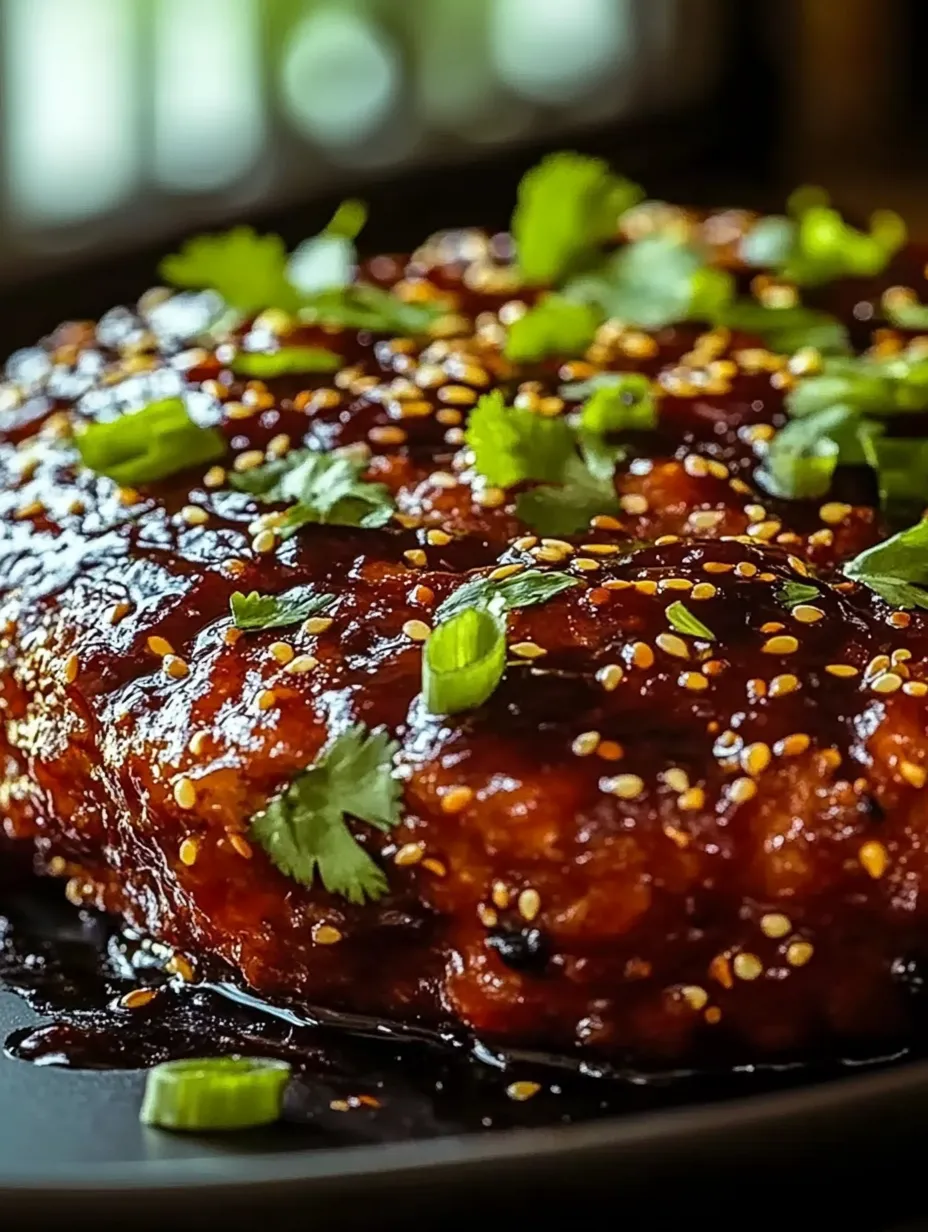 A juicy slice of meat topped with fresh green garnish.