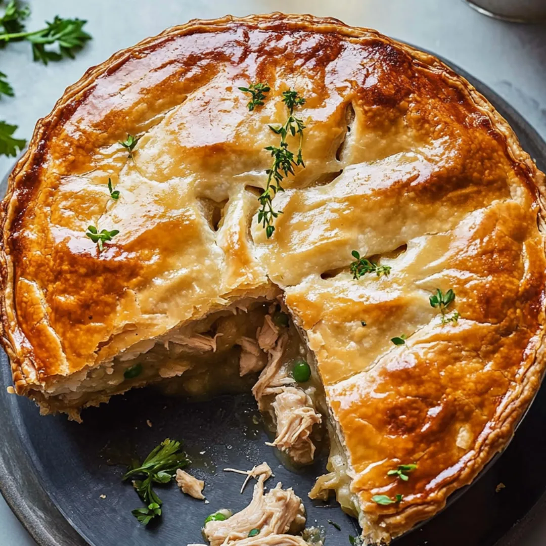 A delicious portion of chicken pie with fresh herbs.