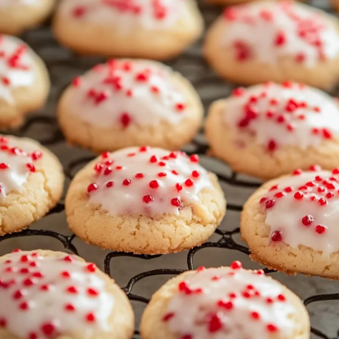 A plate of frosted cookies sprinkled with red sugar crystals.