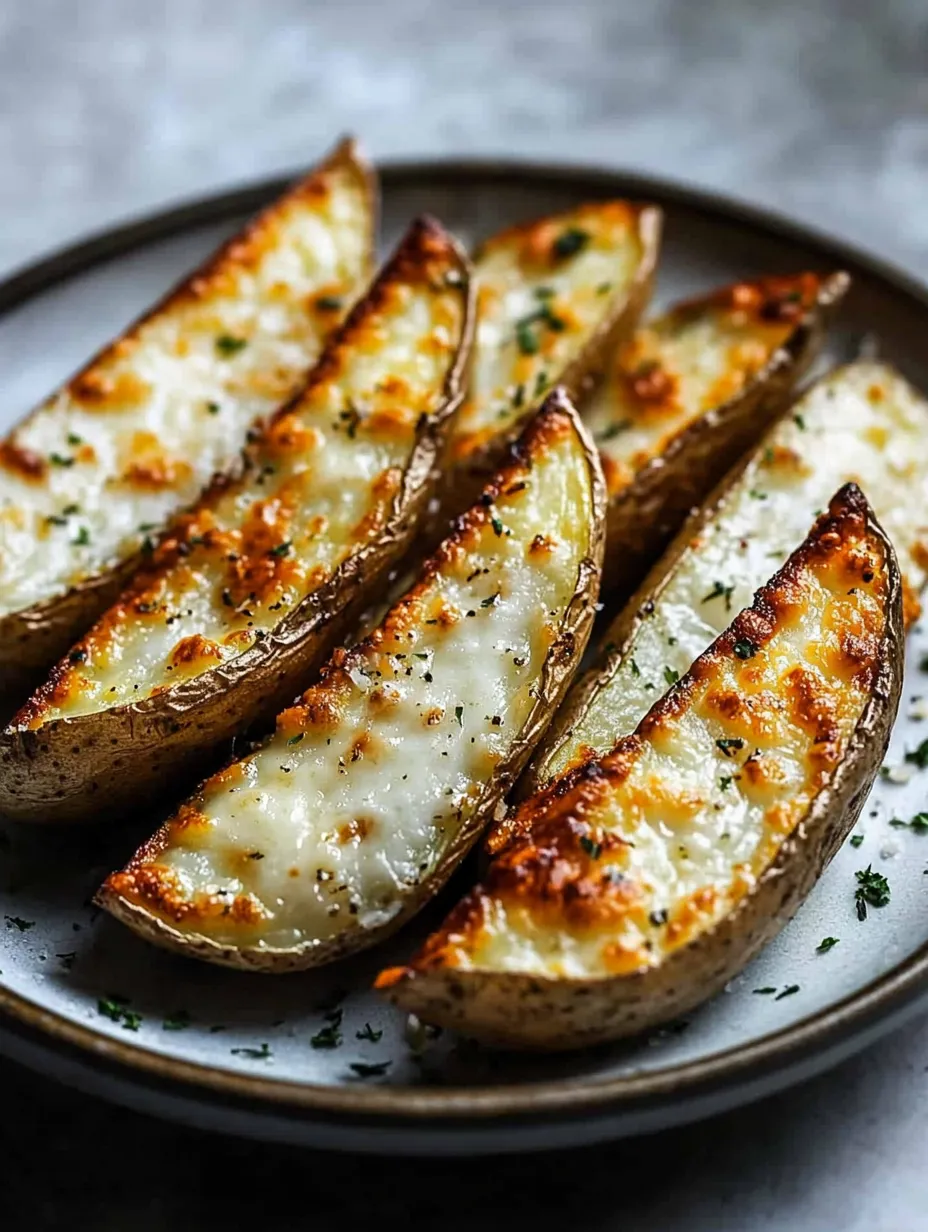 A plate of baked potatoes with cheese.