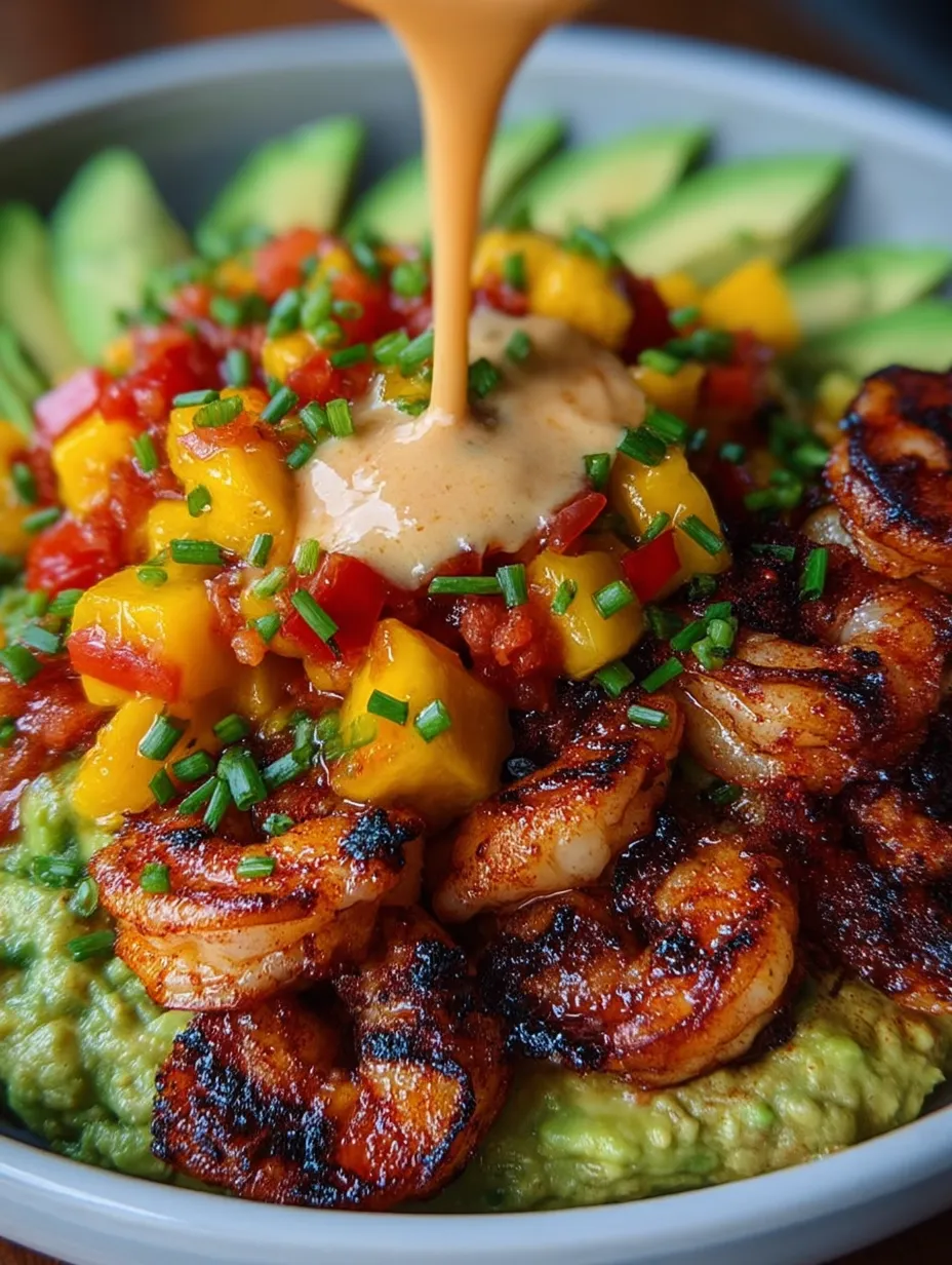 A plate of food with shrimp and avocado.