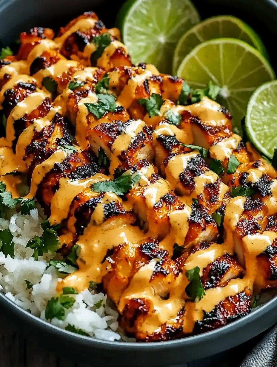 A bowl of rice with chicken and sauce.