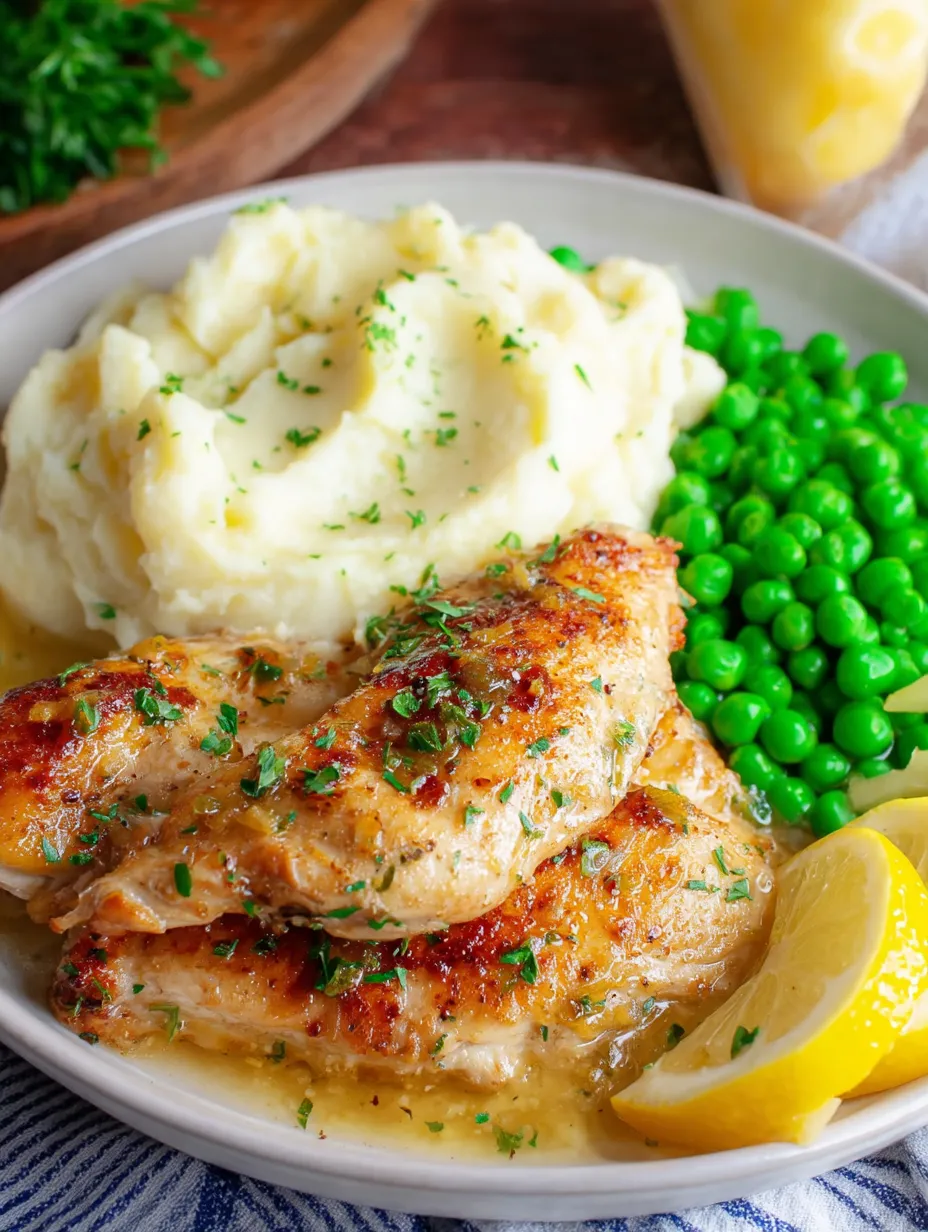 A plate of food with chicken, potatoes, green beans, and lemon wedges.