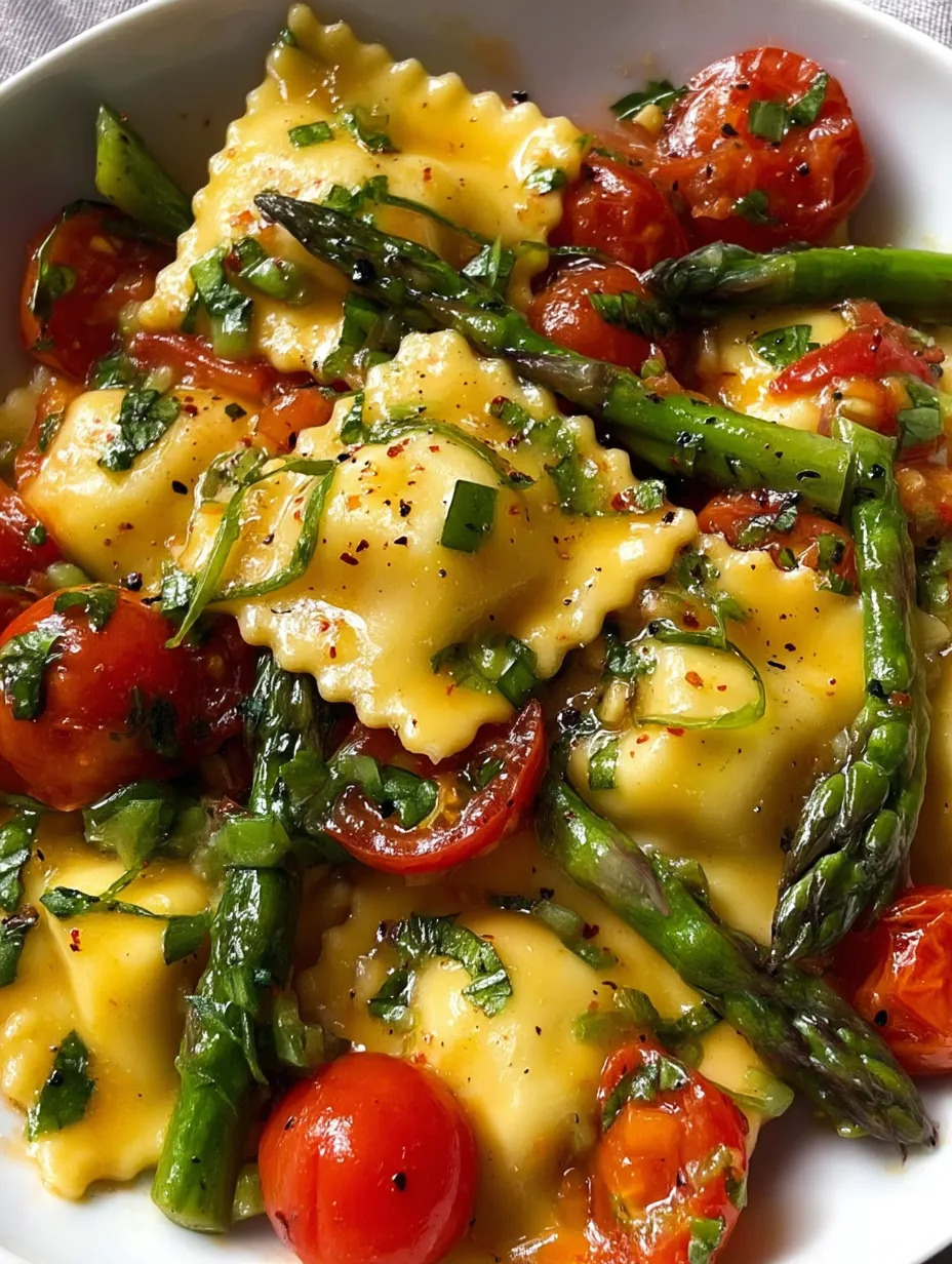A plate of pasta with tomatoes and asparagus.