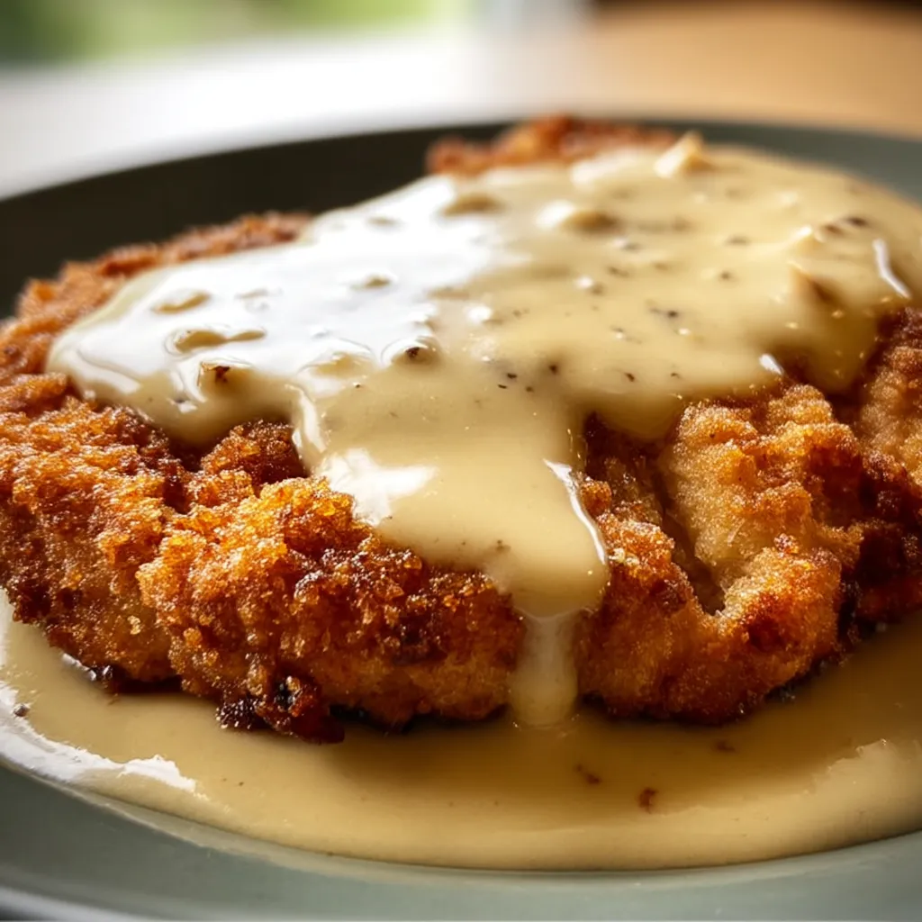 Plate full of Chicken Fried Steak covered in rich gravy.