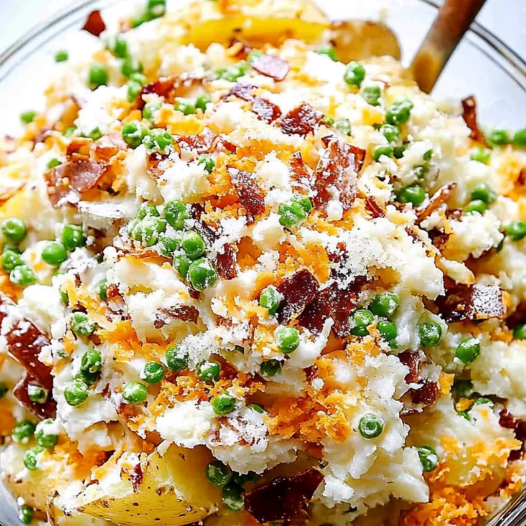 A bowl of food with peas and bacon.