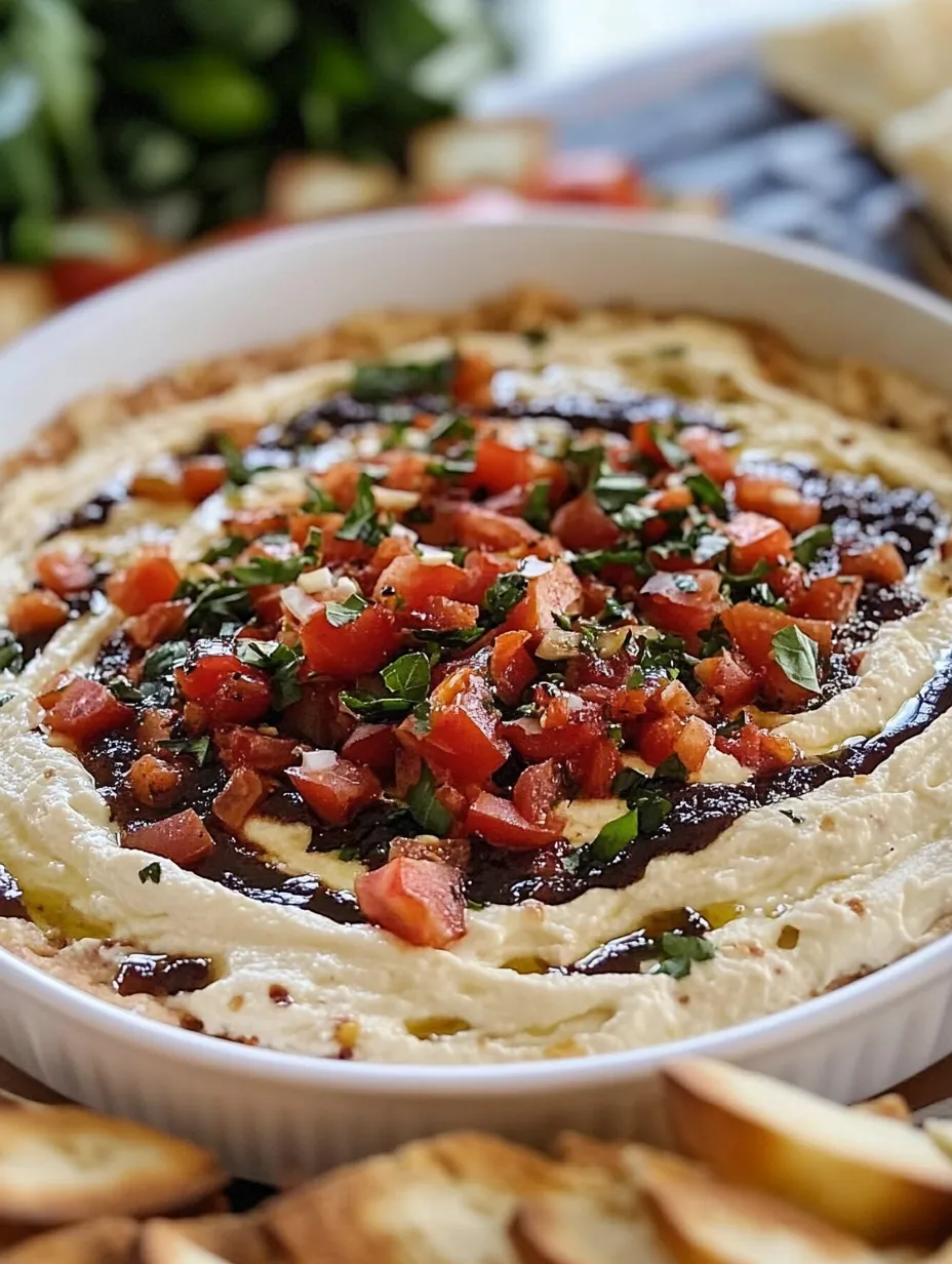 A white bowl filled with a dip and tomatoes.