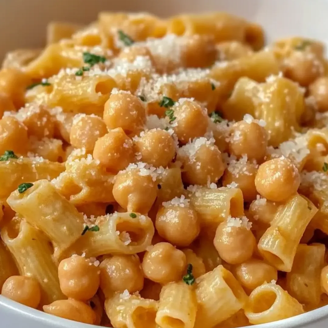 A bowl of pasta with chickpeas.