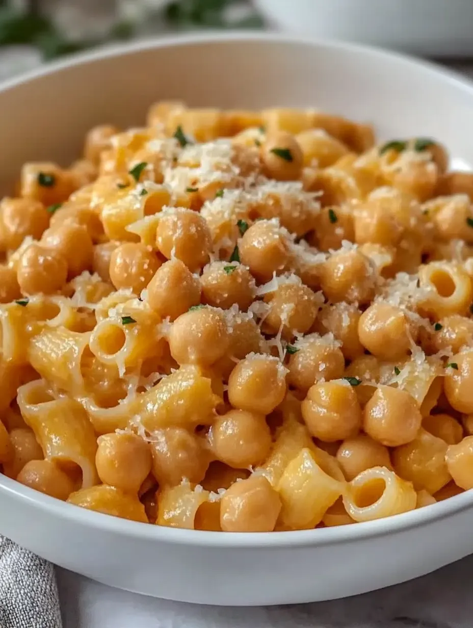 A bowl of macaroni and cheese with chickpeas.