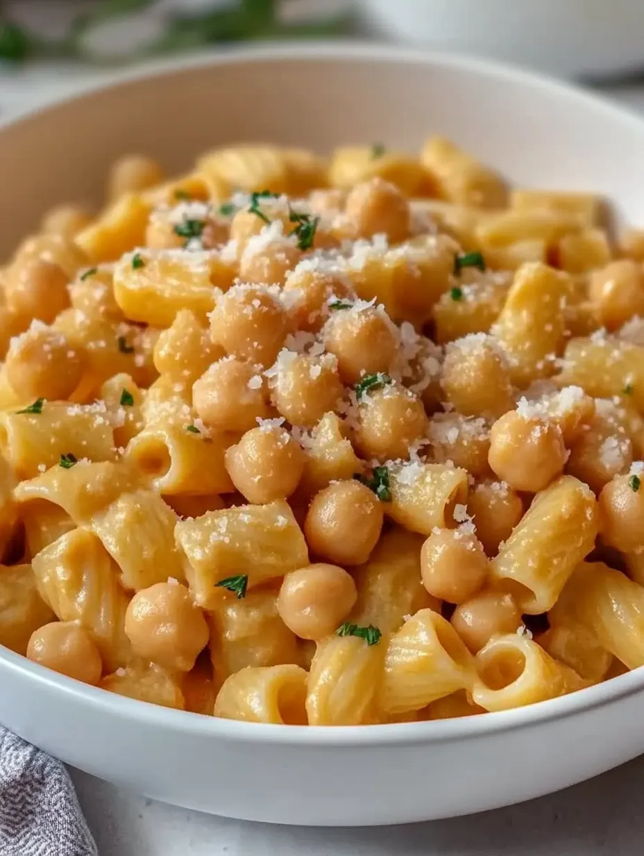 A bowl of pasta with chickpeas and cheese.