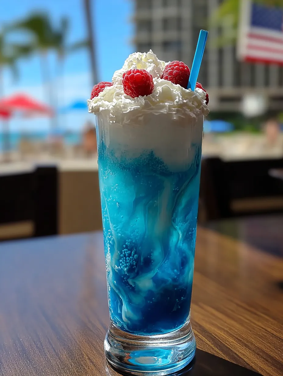 A blue and white drink with a straw.