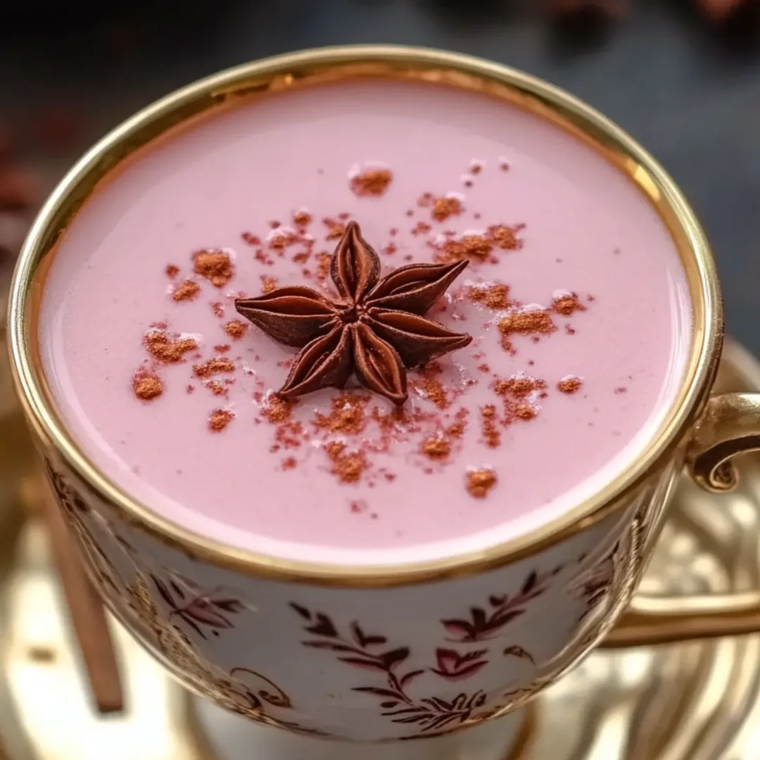 A cup of pink liquid with a star shaped spice on top.