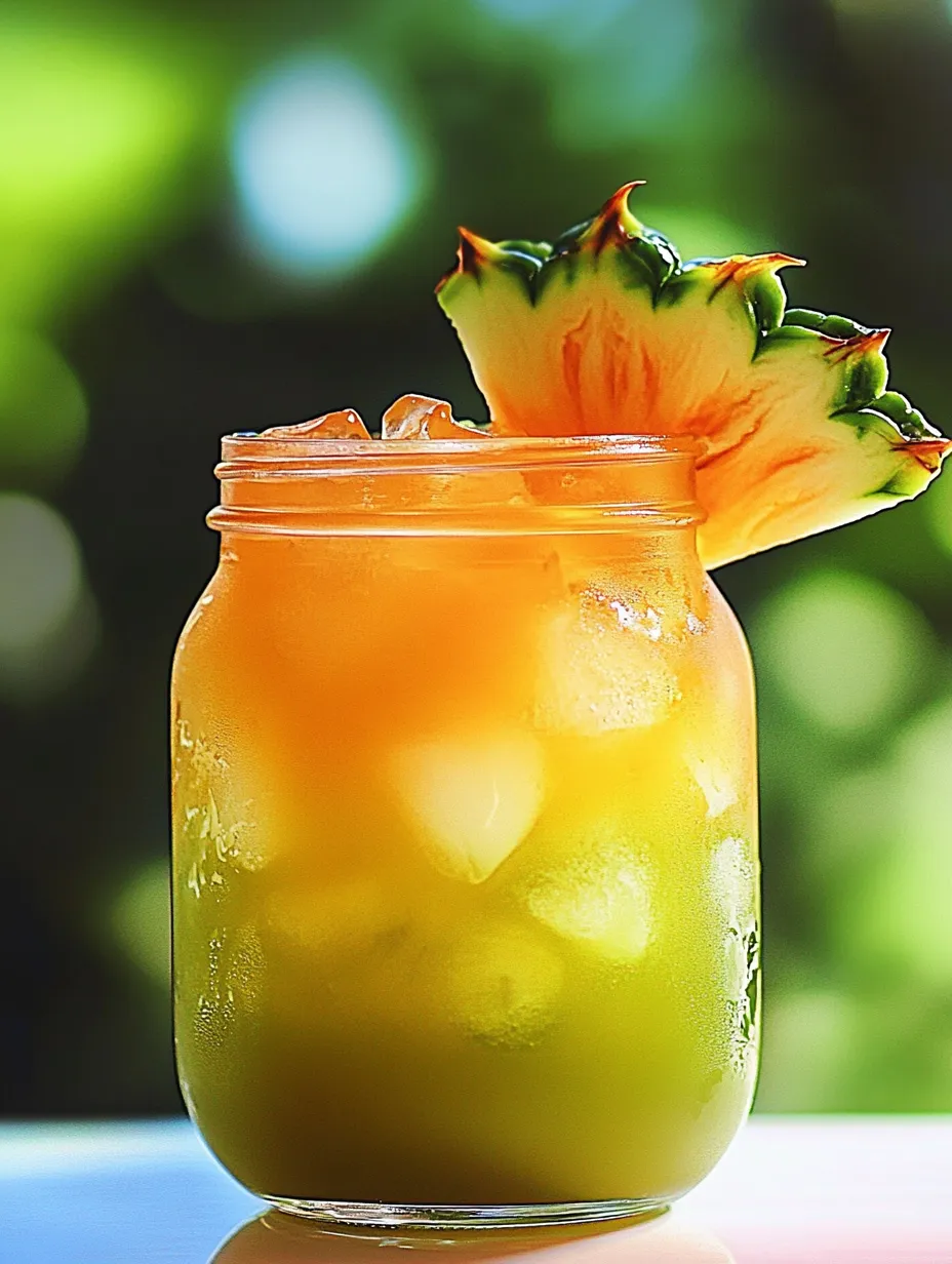 A glass of pineapple juice with a pineapple wedge in it.