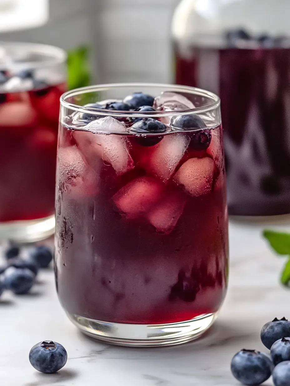 A chilled glass of blueberry drink with ice cubes.