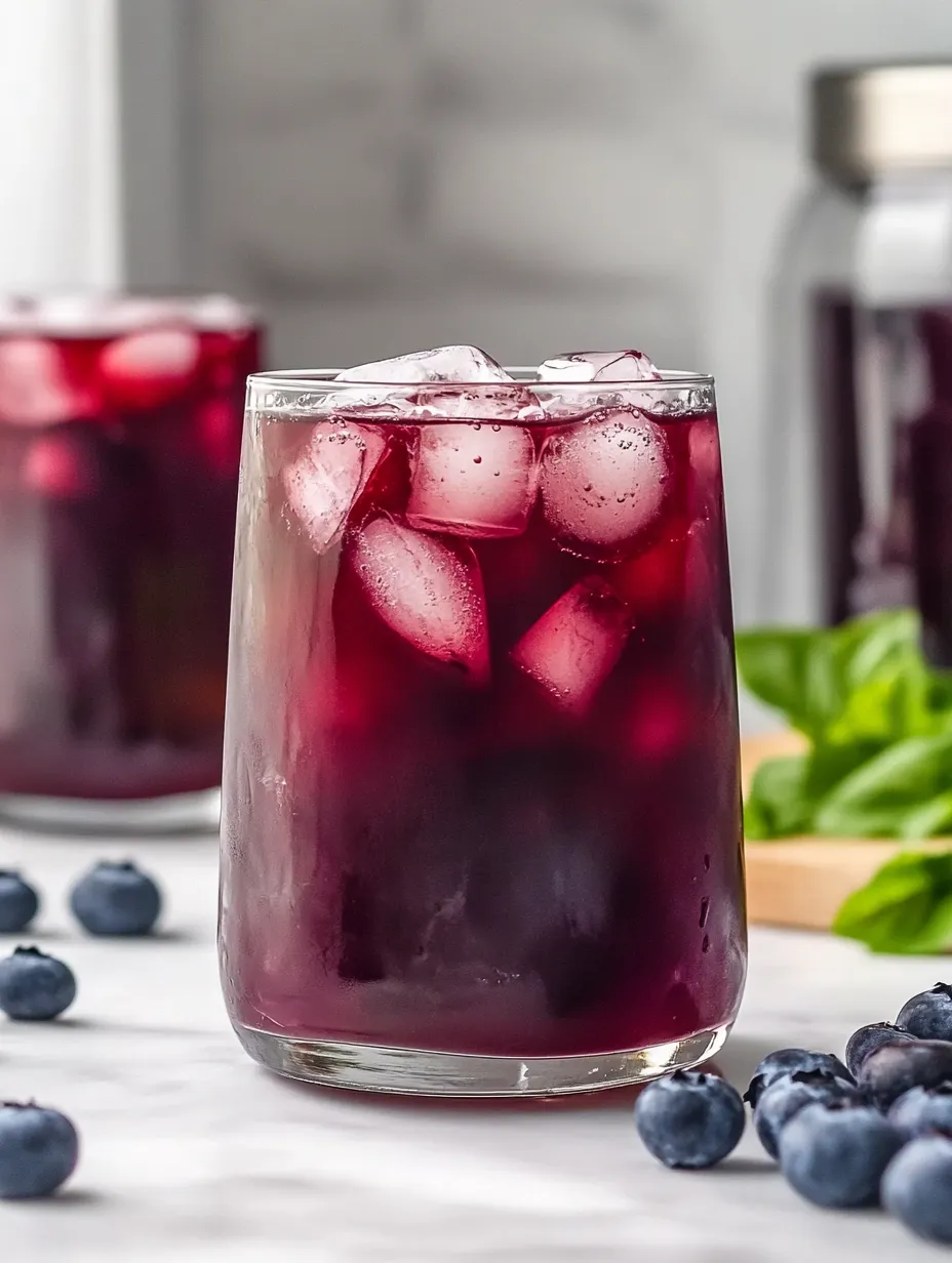 An iced beverage with fresh blueberries floating in it.