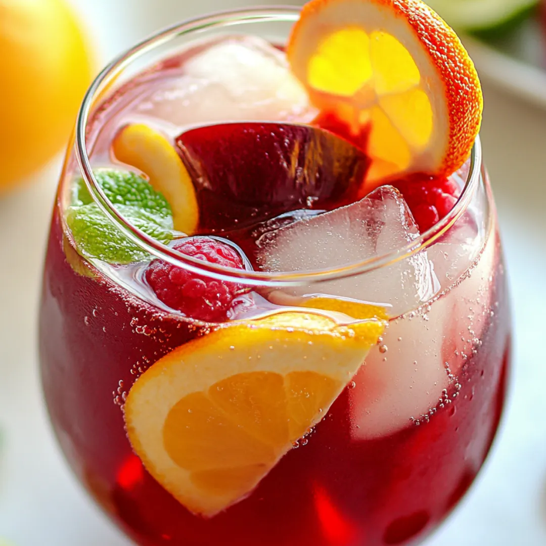 A glass of red wine with orange slices.