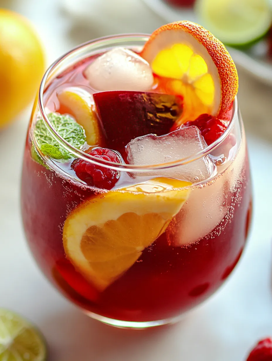 A glass of red wine with orange slices and raspberries.