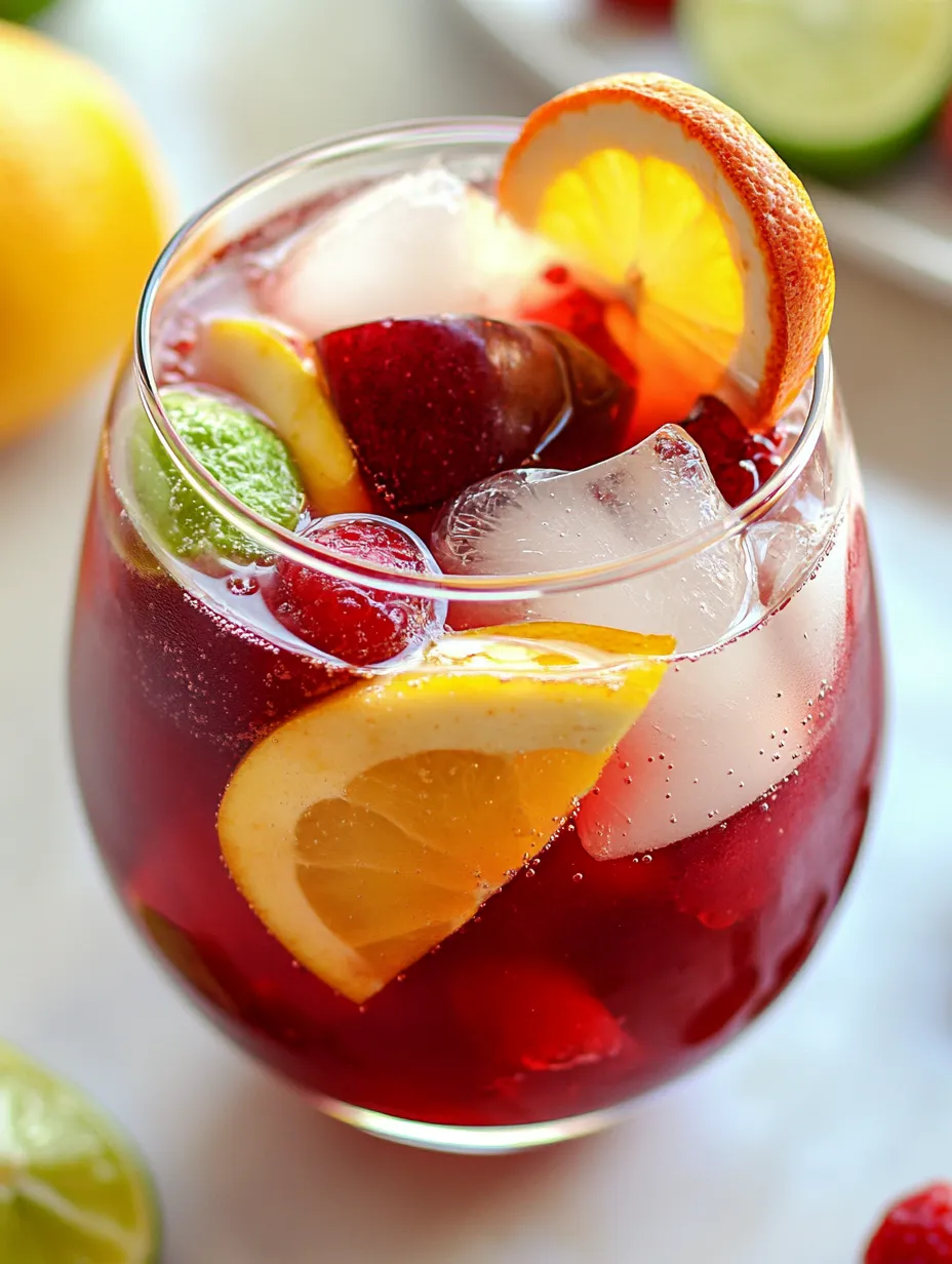 A glass of red wine with fruit in it.