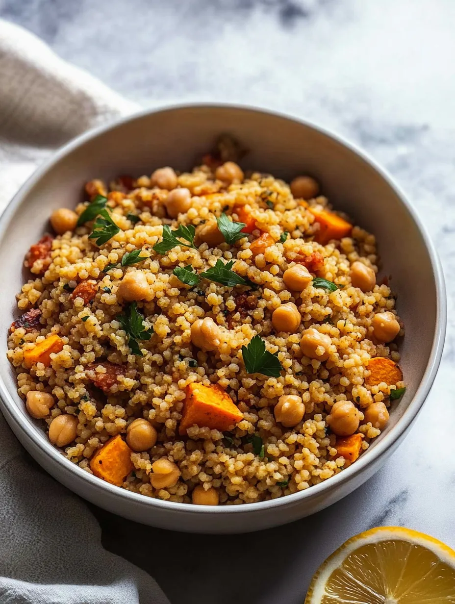 A bowl of rice with chickpeas and vegetables.