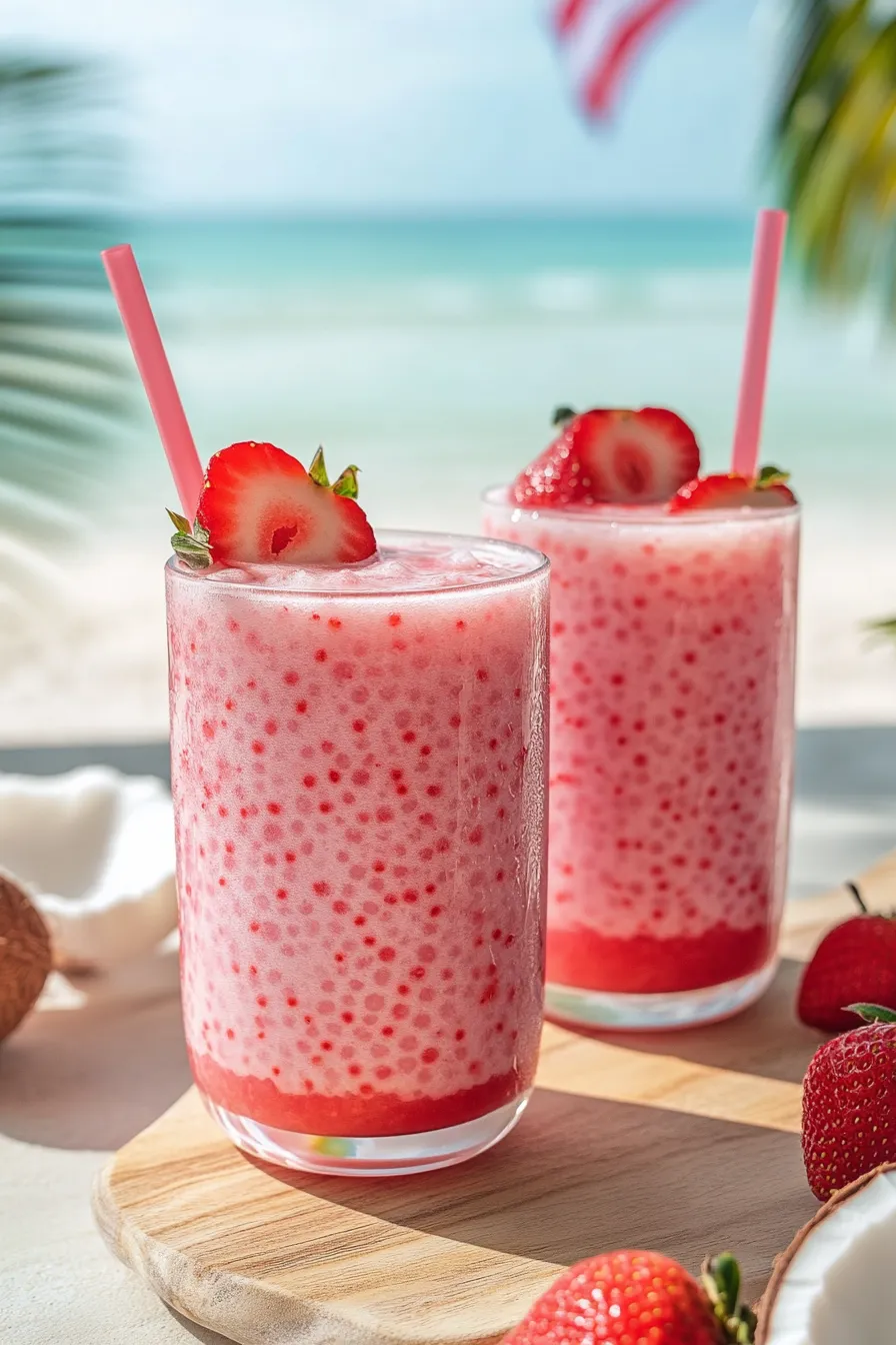 Two glasses of strawberry milk.