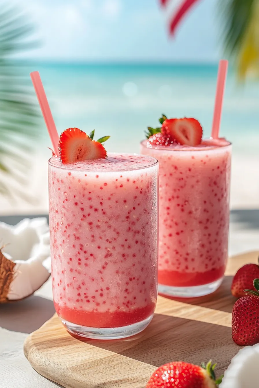 Two glasses of pink drink with strawberries.