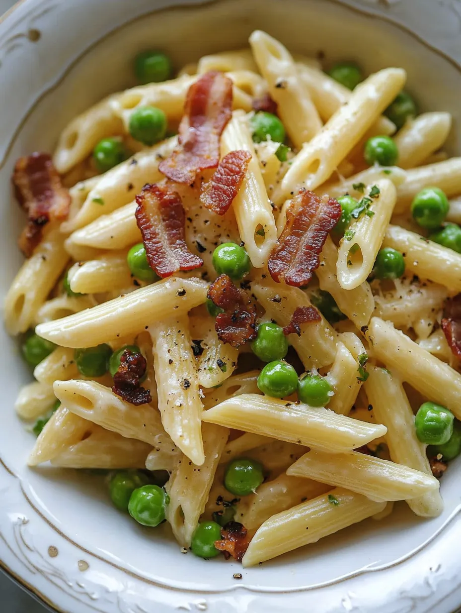 A bowl of pasta with peas and bacon.