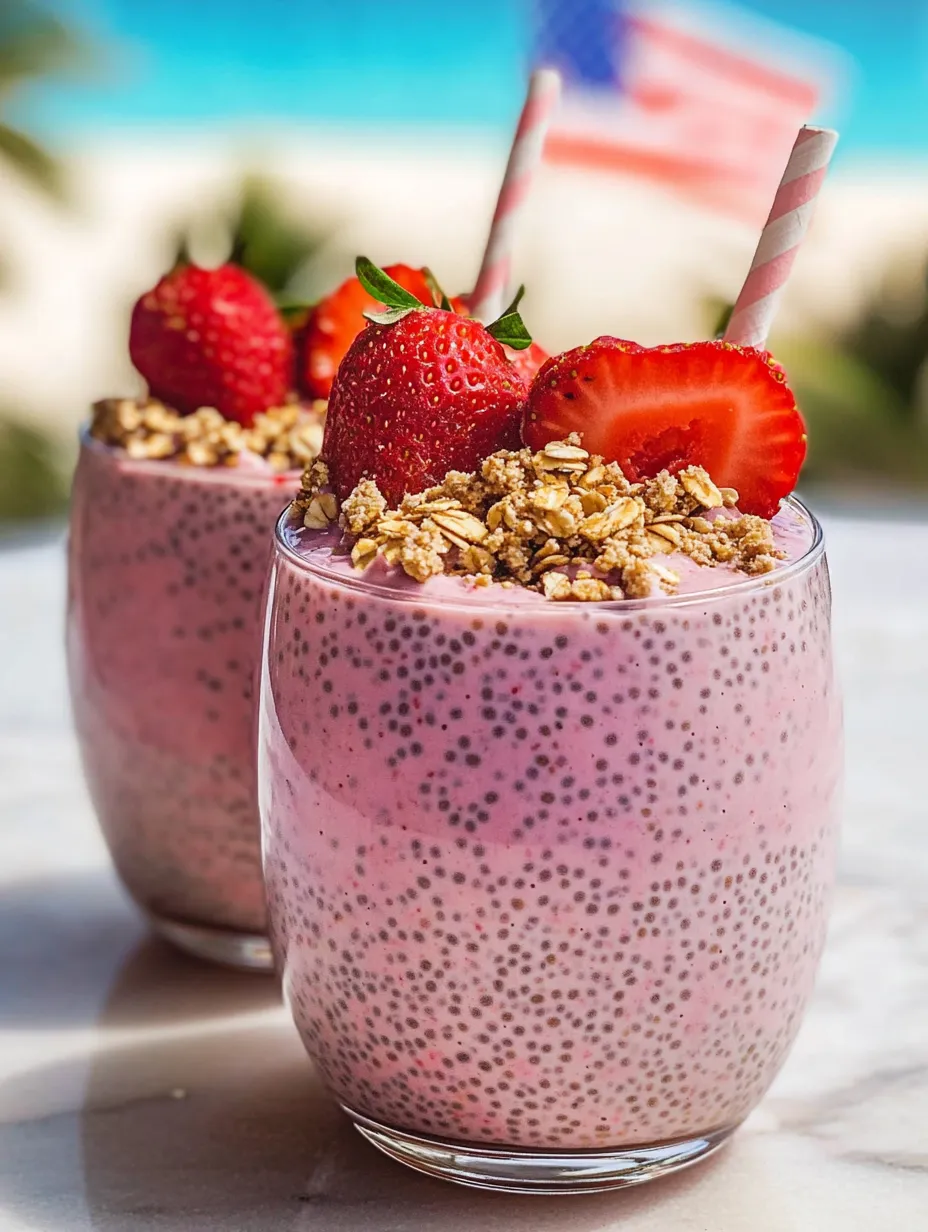 Two glasses of strawberry milk with granola.