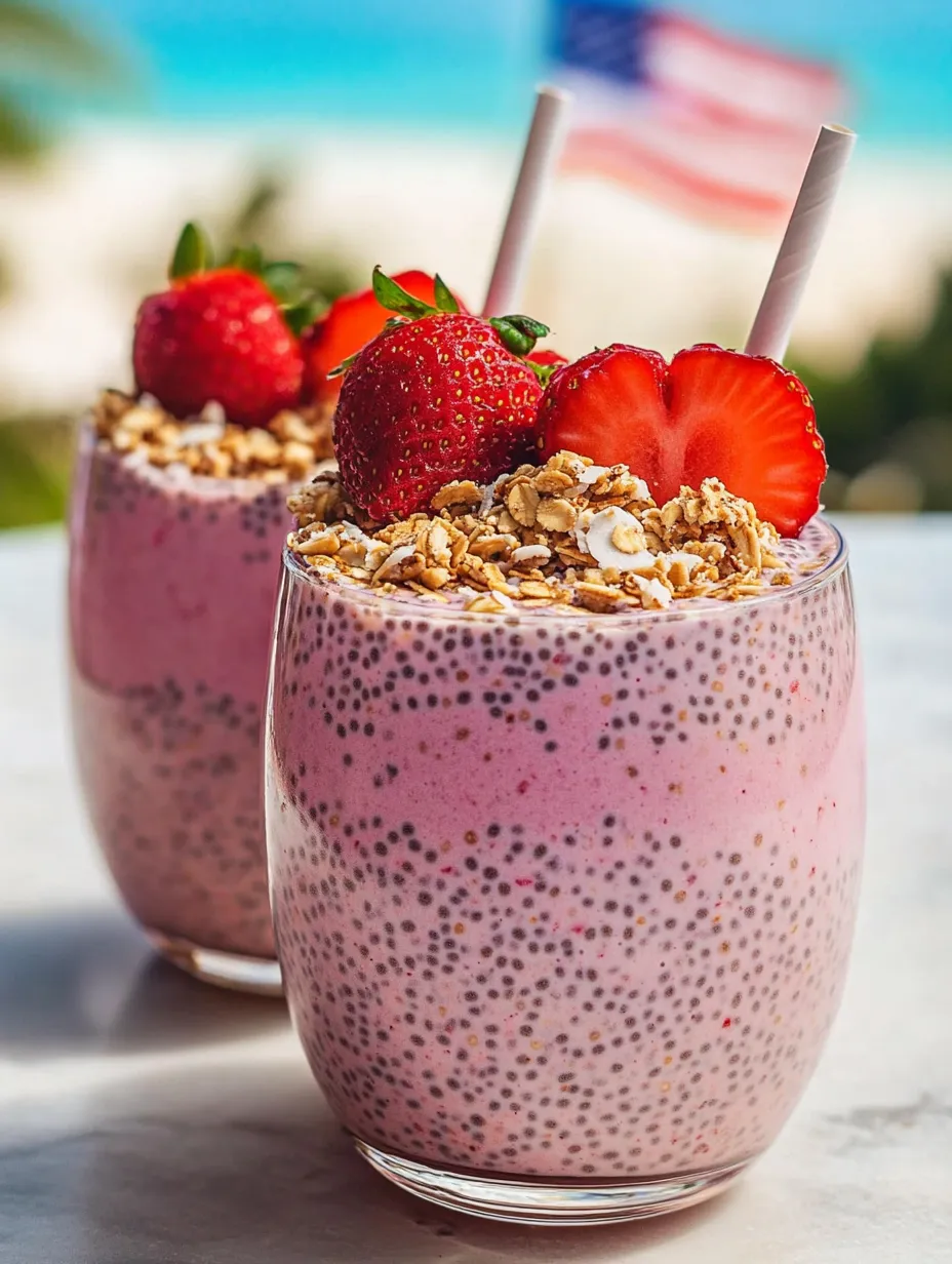 Two glasses of yogurt with granola and strawberries.