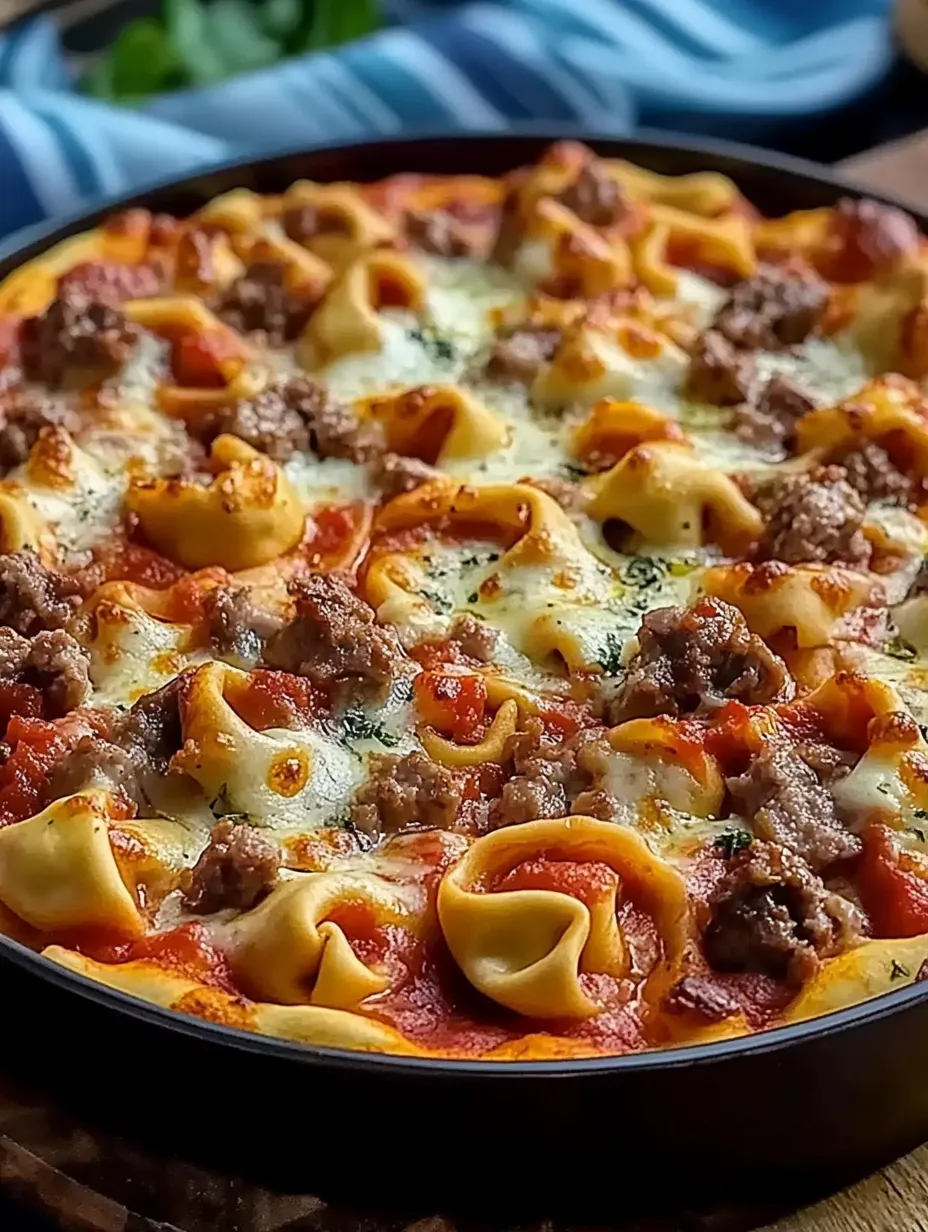 A loaded pizza with hearty pasta and meat topping.