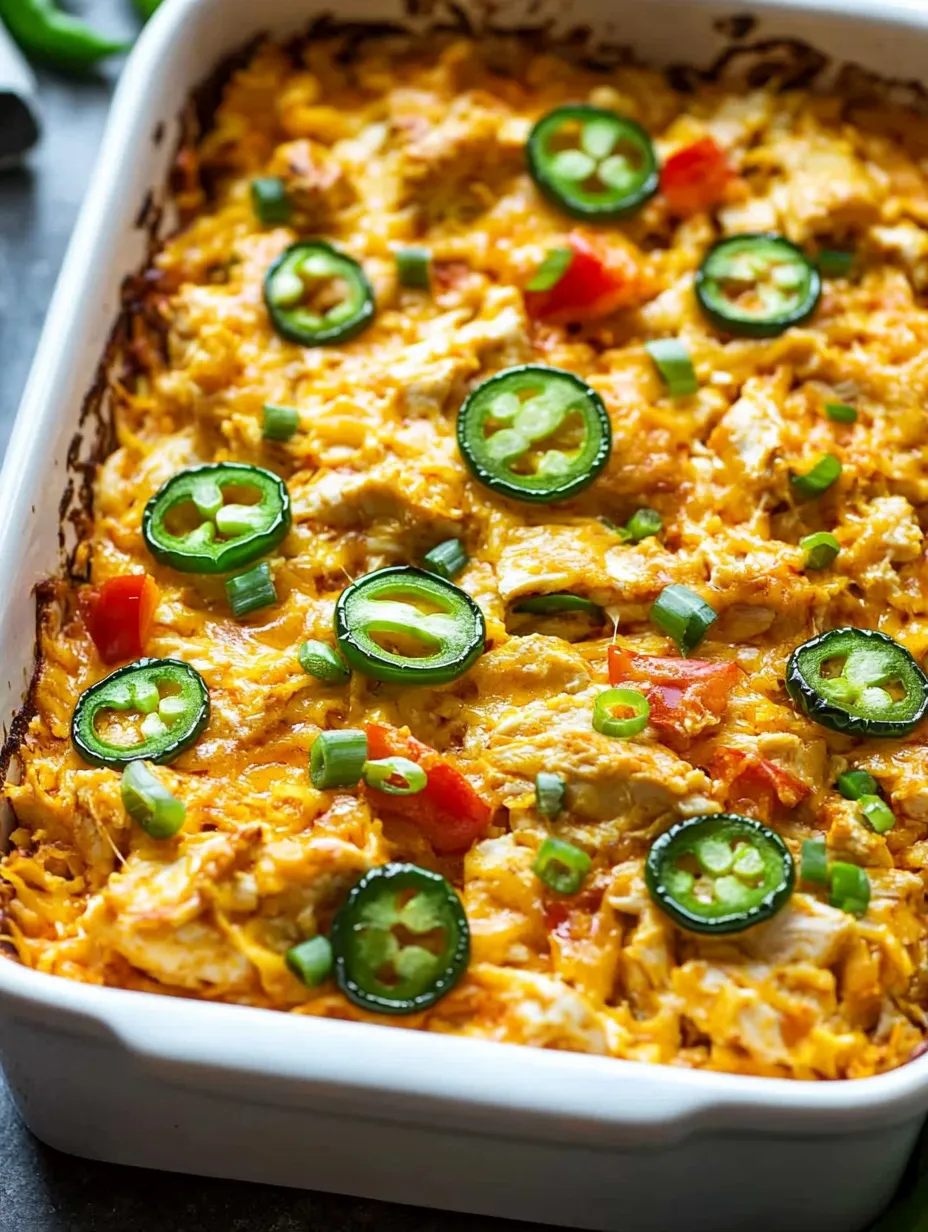 Chicken casserole with jalapeños on top.