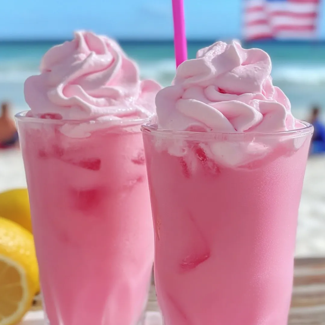 Two pink milkshakes with pink straws.
