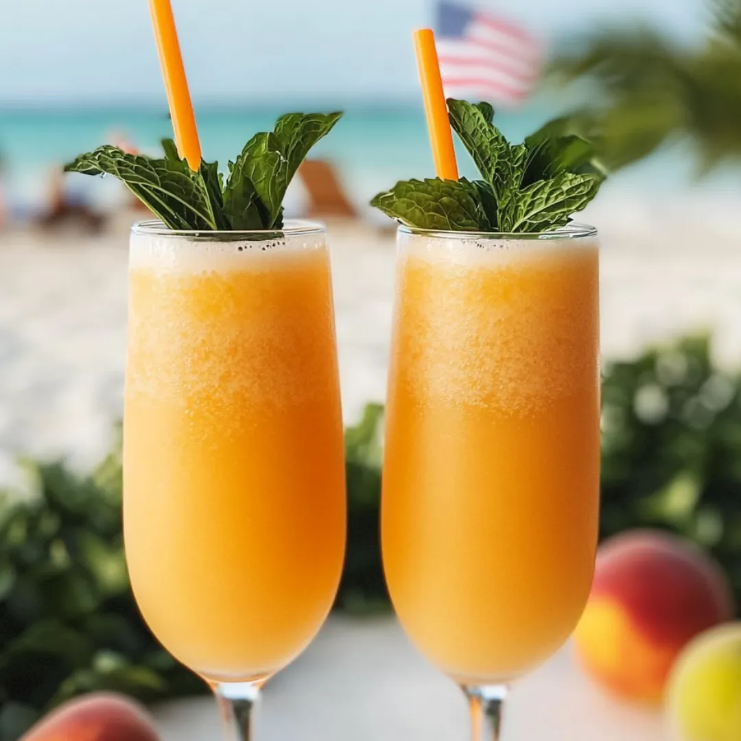 Two glasses of orange fizzy drink topped with mint sprigs.