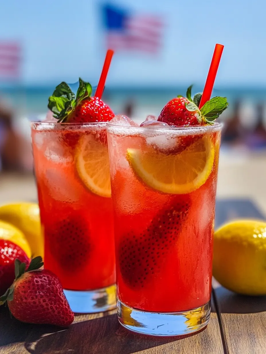 Two glasses filled with bright pink drink, garnished with lemon wheels and strawberries.