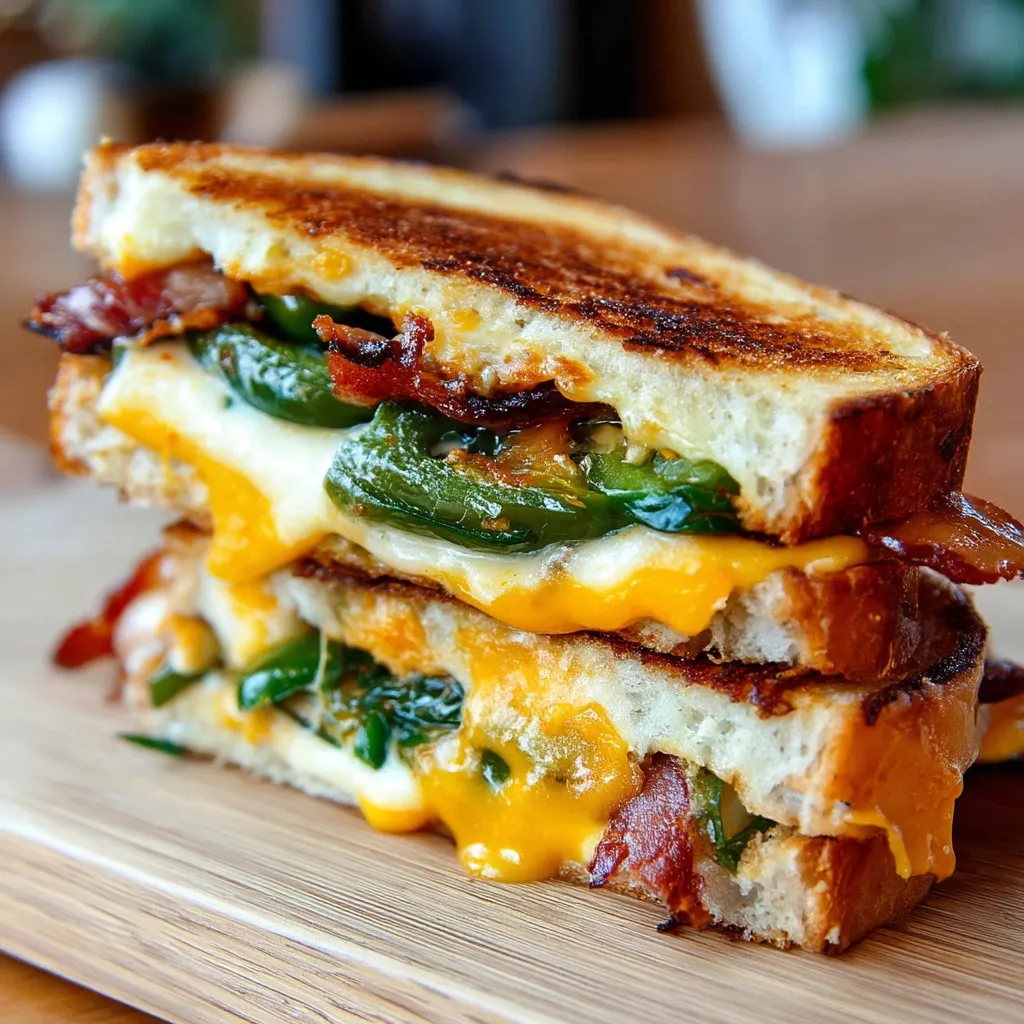 A sandwich loaded with peppers, cheese, and savory bacon.