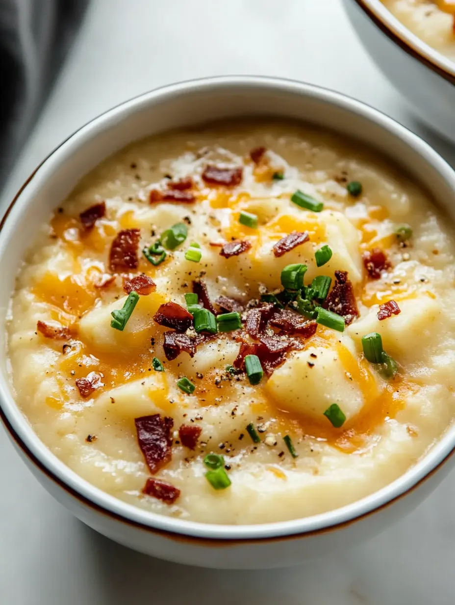 A bowl of soup with bacon and cheese.