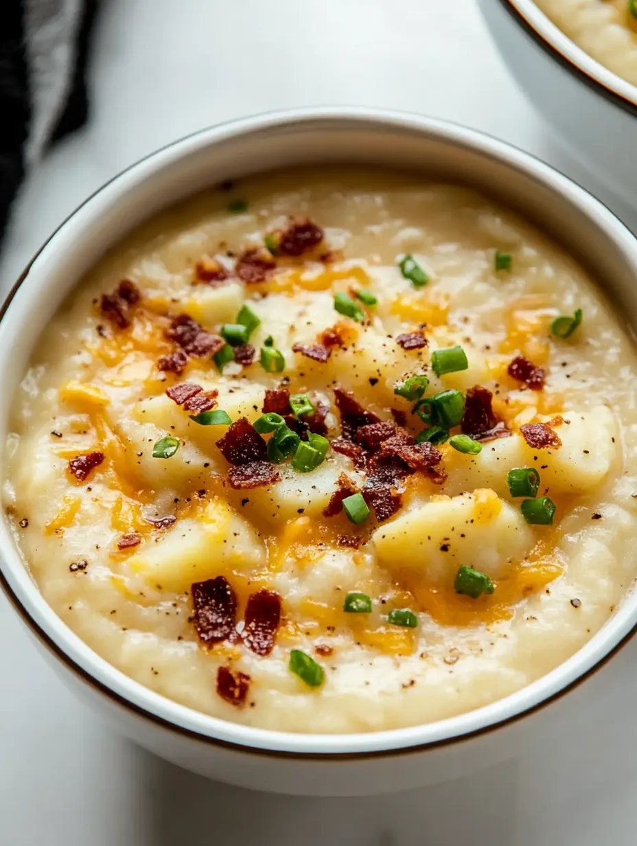 A bowl of soup with bacon and green onions.