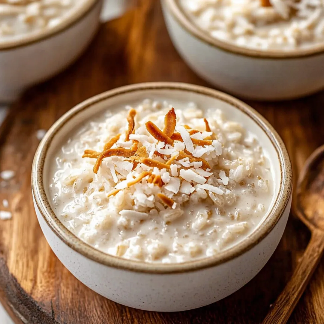 A scoop of coconut-topped oatmeal in a bowl.