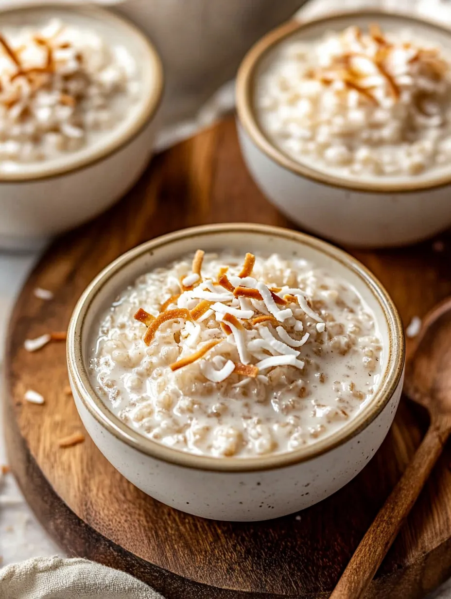 A bowl of oatmeal with coconut on top.