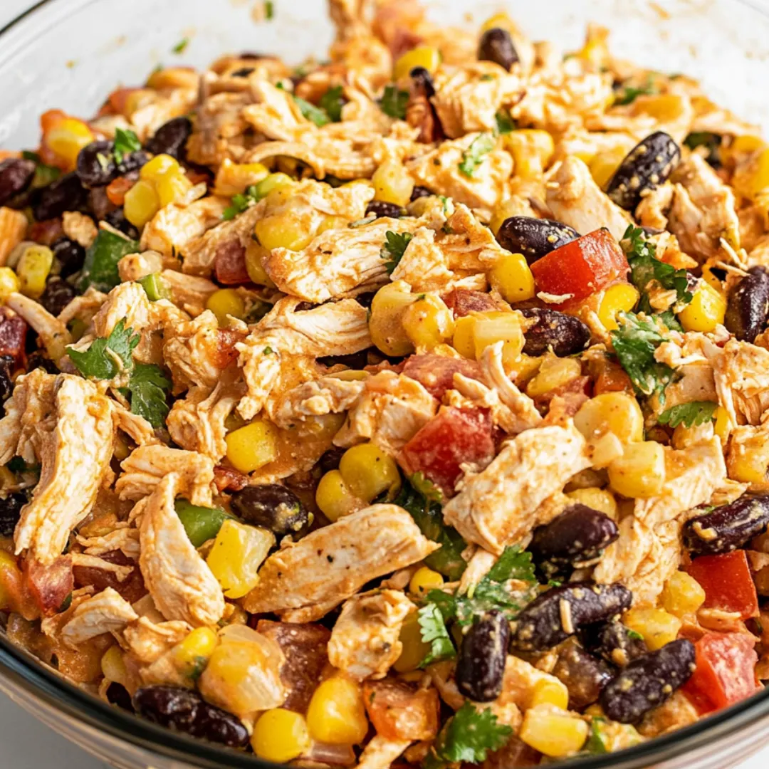 A bowl filled with chicken, beans, corn, and tomatoes.