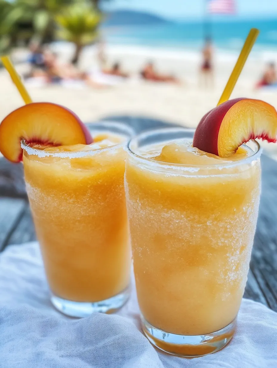 Two glasses of peach juice sitting on a table.