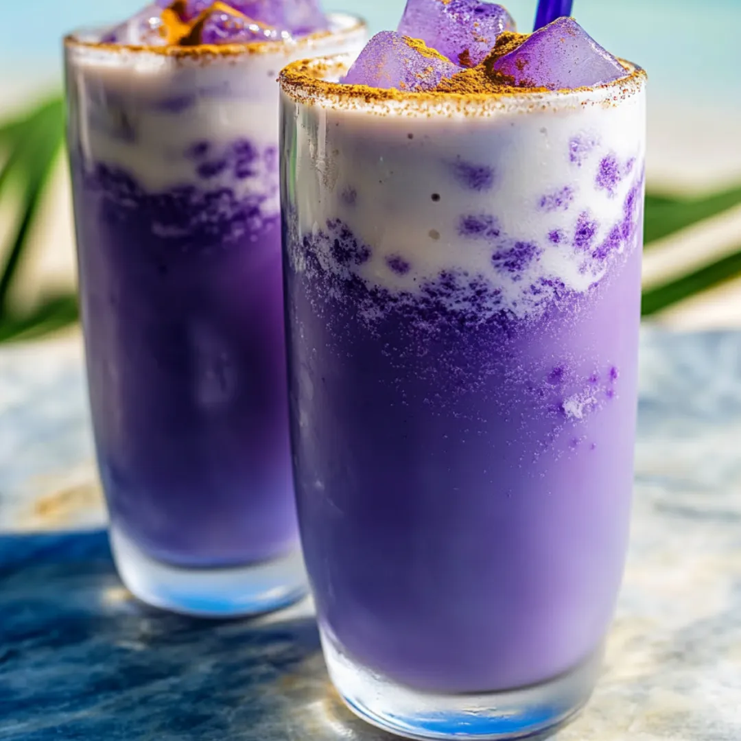 Two tall glasses filled with vibrant purple drinks and topped with yellow goodies.