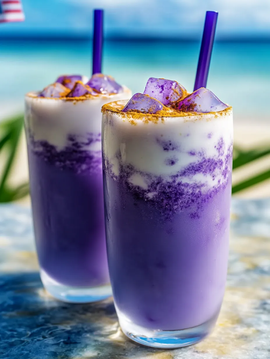 Two glasses filled with a bright purple beverage.