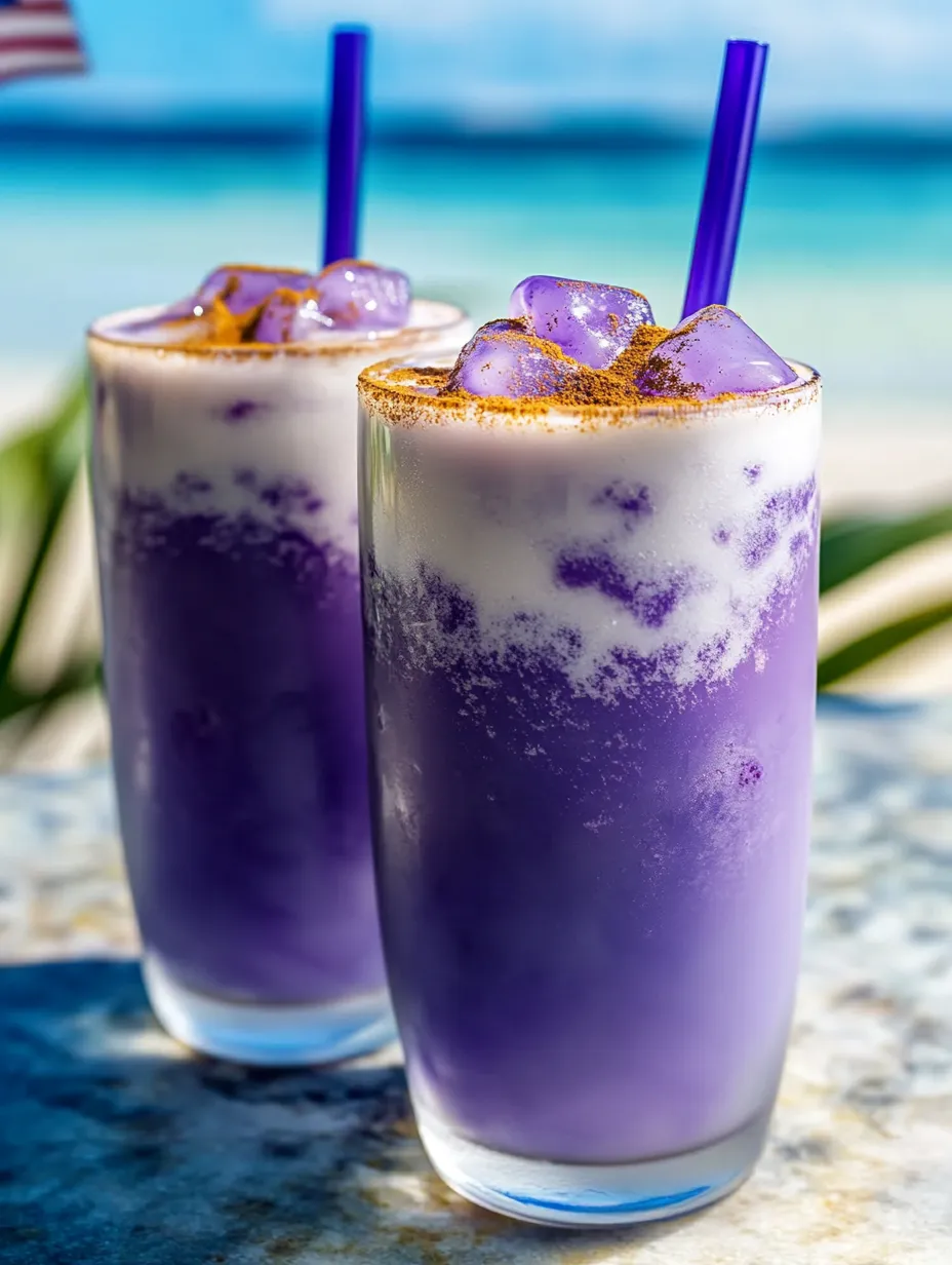 Glasses filled with a striking purple drink.