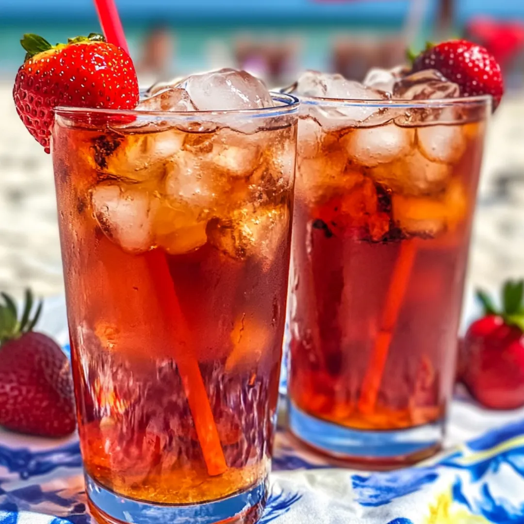 Iced tea in two glasses loaded with strawberries.
