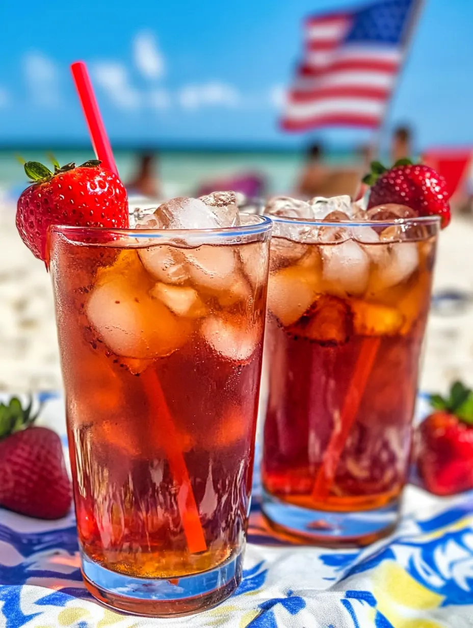 Two glasses of iced tea with strawberries.